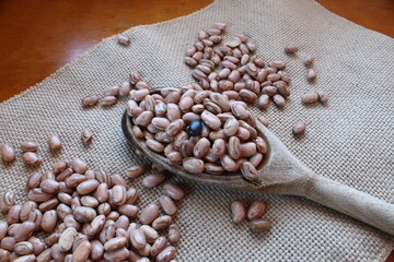 Spoon of carioca benas on the jute fabric. Brazilian beans.