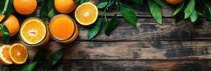 Poster - Two glasses of orange juice are placed next to whole oranges and green leaves on a rustic wooden table, creating a refreshing summer vibe. Generative AI