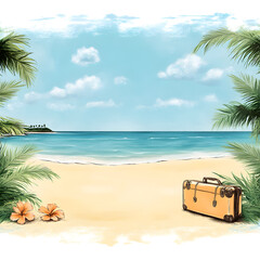 Delightful hand-drawn artwork portraying a vacation by the sea, featuring tropical scenery, sunny weather, and a relaxing beach atmosphere that captures the spirit of summer
