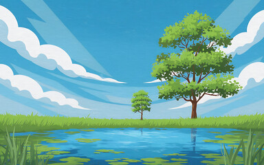 Green trees and blue water  idyllic summer landscape  peaceful nature scene   