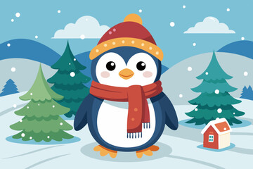 Poster -  Cute winter penguin with hat and scarf 