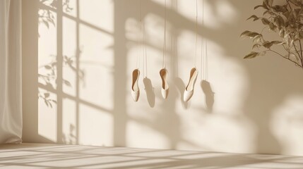 An empty scene featuring a blank mockup template (ballerina shoes hanging mid-air)