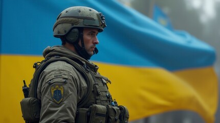 Ukrainian soldier standing in front of Ukrainian flag military patriotism