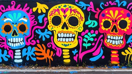 A vibrant mural featuring three colorful sugar skulls, adorned with flowers and intricate designs, celebrating the Day of the Dead.