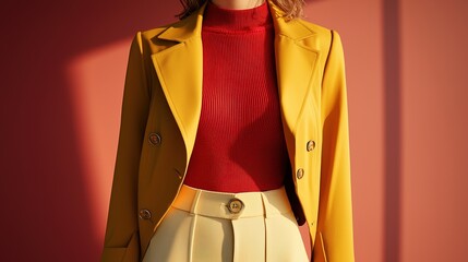 A stylish individual showcases a vibrant yellow blazer paired with a red top and beige skirt against a warm, colorful backdrop.