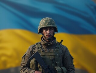 Ukrainian soldier standing in front of Ukrainian flag military patriotism