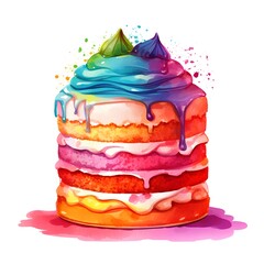 Watercolor rainbow cake isolated on white background. Hand drawn illustration.