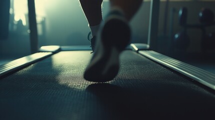 Low angle view of a person running on a treadmill in a gym.