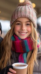 Smiling Girl Holding Coffee in Winter Attire