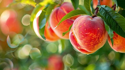 Poster - This Juicy peaches are ripe and ready for harvest, adorned with droplets of dew in the sunlight.