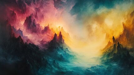 Poster - Vibrant Sunset Over Majestic Mountains - Fantasy Landscape Art