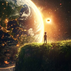  Ein Kind steht vor der brennenden Erde – ein Sinnbild für die bedrohte Zukunft
