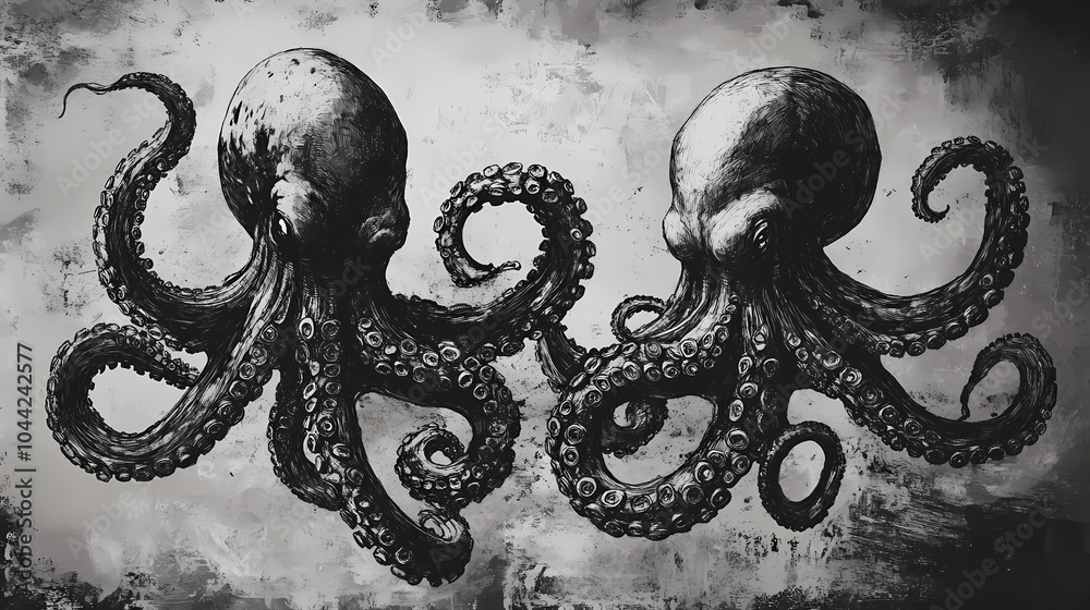 Black and white drawing of a giant octopus with eight writhing ...