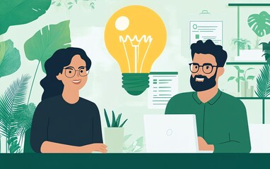 Two professionals collaborating in a green office, with a glowing light bulb above them, symbolizing innovative sustainable finance solutions, bright and modern