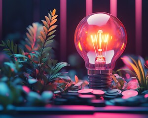 Wall Mural - Vivid depiction of a corporate office with a glowing light bulb, greenery, and coins, illustrating the essence of sustainable innovation and growth