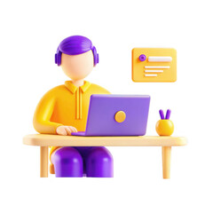Poster - A colorful 3D render of a character with headphones working on a laptop at a desk, showcasing creativity and technology interaction.