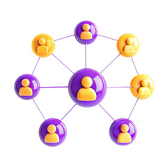 Aufkleber - A 3D model illustrates a network with interconnected user icons in purple and yellow on a black background, representing social connections.
