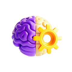 Poster - A 3D render of a stylized brain, half purple and half beige, with a yellow gear on the side, representing creativity and logic.