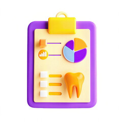 Aufkleber - A colorful 3D render of a dental health dashboard, featuring a tooth icon, pie chart, and indicators on a clipboard design, isolated on a white background.