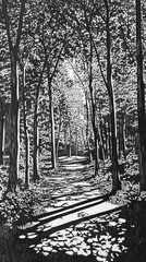  A black and white illustration of a path leading through a dense forest. The path is lined with tall trees on either side, creating a tunnel of light.