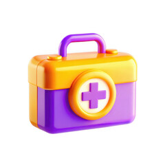 Poster - A vibrant 3D render of a plastic first aid kit featuring orange and purple colors with a distinctive medical symbol.