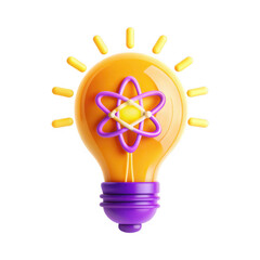 Poster - This is a colorful 3D render of a light bulb featuring a purple base and an atomic symbol in the center, representing creativity and innovation.