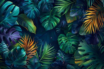 Wall Mural - A pattern of tropical leaves on a dark background