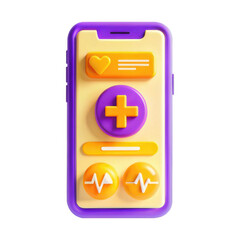 Poster - A colorful and lively smartphone health app interface featuring icons for heart rate, plus sign, and other health metrics on a purple background.