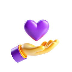 Poster - A 3D render of a hand in a yellow tone holding a purple heart above it. The design is vibrant and colorful, evoking feelings of care and affection.