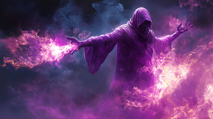 Dark sorcerer casting powerful magic spell with purple flames. Fire Djinn. Illustration