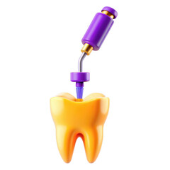 Poster - A bright, colorful rendering of a tooth being treated with a dental tool. The tooth is yellow, and the tool is purple, creating a striking visual appeal.