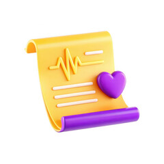 Poster - A vibrant 3D icon featuring a yellow health report with a heart symbol, emphasizing health and wellness in a playful, modern style.