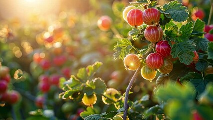Poster - This Ripe gooseberries hang beautifully on green foliage, illuminated by warm evening sunlight.
