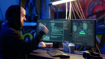 Aufkleber - Hacker in hidden base excited after successfully getting past anti tamper measures implemented by companies to protect their products. Joyous cracker celebrating after managing to pirate software