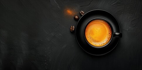 Minimalist black coffee cup on dark background with copy space