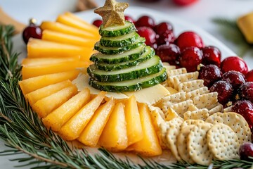 Wall Mural - A holiday cheese platter with Christmas tree-shaped cheese slices, crackers, and fruit