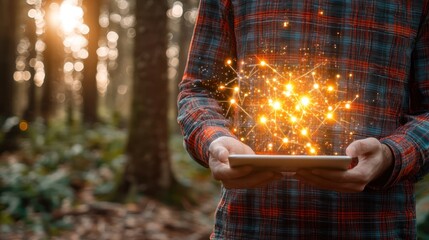 Poster - Person holding a tablet with glowing network overlay in a forest.