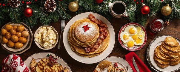 Wall Mural - A Christmas breakfast spread with pancakes, bacon, scrambled eggs, and holiday-themed table settings