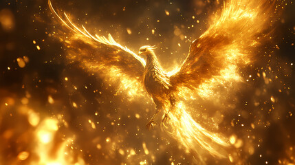 immerse in the essence of rebirth with this phoenix rising amidst fiery splendor. golden phoenix. il