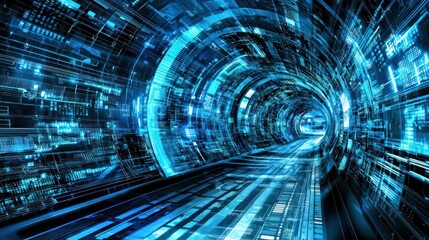 Poster - Abstract Digital Tunnel with Glowing Blue Lines and Shapes