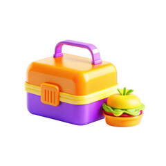 Poster - A vibrant plastic lunchbox in orange and purple, with a cute burger made of bright colors. Perfect for kids' lunch meals.