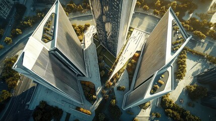 Aerial view of a futuristic city with three skyscrapers and surrounding roads.