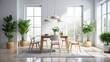 © Arnada - White Minimalist Interior with Wooden Table and Chairs, Stylish Plants, and Gray Rug for Modern Living Spaces
