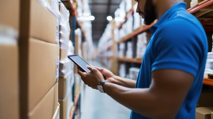 Warehouse worker organizing and managing inventory packages and supplies in a busy storage or distribution facility  Efficient logistics and inventory management for e commerce retail