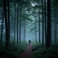 Mystical forest with glowing mist and towering ancient trees