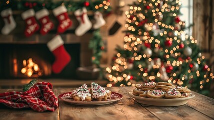 Wall Mural - A traditional Christmas scene with a decorated tree, festive garlands, and a plate Christmas cookies