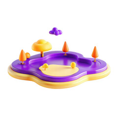 Poster - A vibrant 3D model of a whimsical landscape featuring colorful trees and a pond. The design combines bright yellow and purple hues for a playful look.