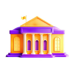 Poster - A vibrant, colorful 3D model of a building featuring yellow and purple tones, with columns and a triangular roof. It's designed as an isolated icon.