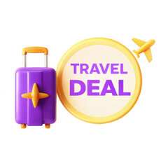 Poster - A vibrant 3D render showcasing a suitcase and a circular badge promoting a travel deal. Colorful design elements enhancing the travel theme.