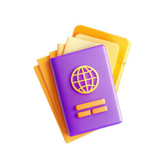 Poster - An artistic 3D render of a stack of colorful passports, showcasing a globe symbol on the front of the purple passport, against a transparent background.